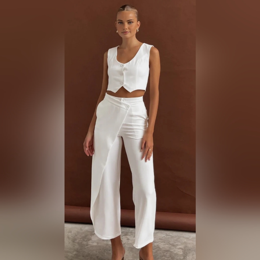 COMMENSE Solid Wet Asymetrical Straight Leg Pants Set Sz L NWT - Picture 5 of 13